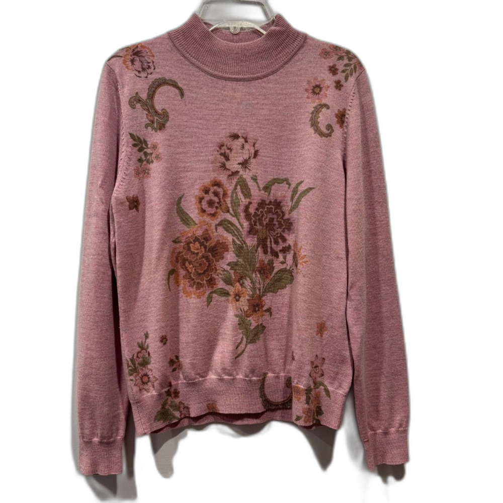 Vintage Pendleton Sweater Floral 100% Merino Wool Mock Neck Pink Women Sz Medium